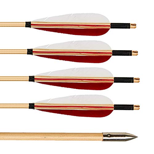 Huntingdoor 12 Pcs Turkey Feather Fletching Wooden Arrows Archery Target Arrows with Field Points for Recurve Bow or Longbow Targeting Practice Shooting (Red-White)