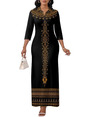 Image of PinkPatty Women's Casual 3 /4 Sleeve Polo V Neck Bodycon Maxi Dress