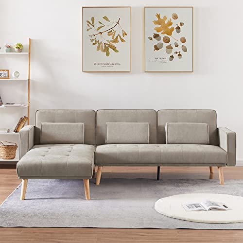 Antetek Convertible Velvet Futon Sofa Bed, L-Shaped Sectional Sofa Couch With Left Chaise, Adjustable Backrest & 3 Toss Pillows, Mid-Century Modern Modular Sofa, Living Room Furniture Set (Coffee) #TOP4