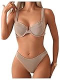 SweatyRocks Women's 2 Piece Bikini Set Striped Print Spaghetti Strap Push Up Swimsuit Mocha Brown Medium