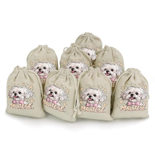 Cute Maltese Dog 8 Pack Small Gift Bags Cotton And Linen Drawstring Pockets Sachet Bag for Party Home Supplies