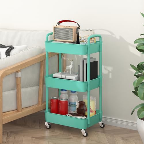 Image of Sywhitta 3-Tier Plastic Rolling Utility Cart with Wheels for Storage, Green | Multi-Functional Storage Trolley, for Office, Living Room, Kitchen, Bathroom,Movable Organizer,Space-Saving,Easy to assemble