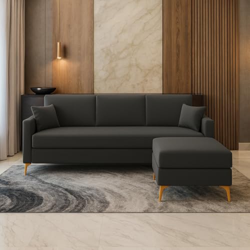 Image of SOCOZI Bravelle 4 Seater L Shape Sofa Set with Movable Ottoman | Flexible Left or Right Layout | Soft Velvet Suede Fabric | Modern Design | Plush Comfort Cushions for Living Room (Dark Grey)