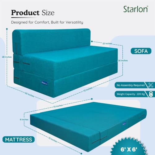 Image of Starlon 3 Seater Sofa Cum Bed Foldable 3-in-1 Sofa Bed with 1 Year Warranty, Washable Jute Fabric Cover | Aqua Teal 6x6 Ft