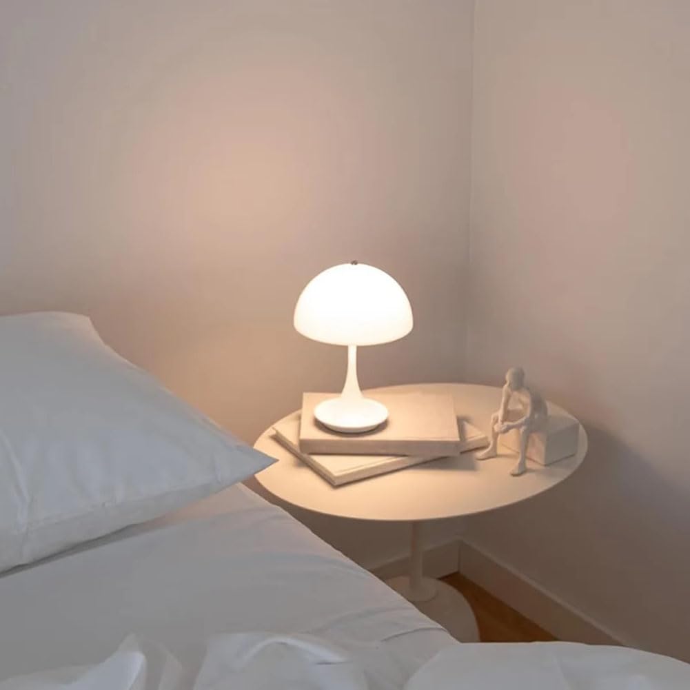 Pilz Tischlampe Kabellos mit Touch Dimmbare,LED Mushroom Lamp Akku Tischleuchte Aufladbar 3000K-6000K Nachttischlampe Weiß Acryl schirm Leselampe Tragbare modern Schreibtisch Lampe,Weiß