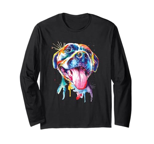 Pitbull - Artistic Splash Art animal Colorful Dog Breed Gift manga comprida, Azul, S
