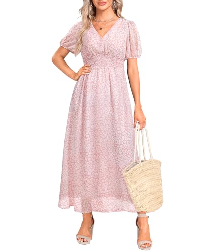 Image of Holipick Women Summer Casual Dress Wedding Guest V Neck Short Sleeves Smocked Waist Chiffon Swing Knee Length Midi Dresses
