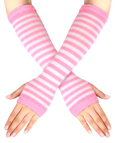 Syhood 1 Pair Women Winter Knitted Long Fingerless Gloves Striped Arm Warmers with Thumb Hole, Stretchy Elbow Length(Pink White)