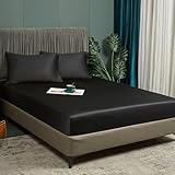 Luofanfei Sábana Bajera de Bambú 160x200cm Negro Con Borde de 30 cm Liso Motivo Sábana de Cama de Lyocel Seda Negra Sábana Bajera 160 x 200cm Lisa y Respirable para Colchón Grueso, 160x200