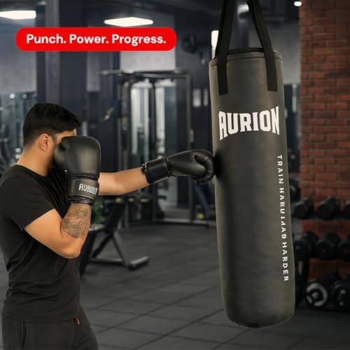 Image of Aurion 4ft Unfilled Heavy Punching Bag | Premium PU Leather Boxing Bag for Home Gym & MMA | Durable Triple-Stitched Nylon Straps for Muay Thai, Kickboxing & Martial Arts Training (Black)
