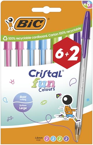 BIC Cristal Fun Bolígrafos de Colores de Punta Ancha (1,6 mm) - Colores Surtidos, Pack de 8 (6+2 gratis)