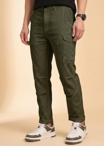 Image of Vogaan Men Cotton Linen Blend Cargo Pants | Mid Rise Regular Fit Casual Trousers | Multi Pocket Utility Bottom Wear | Comfortable Breathable Fabric Travel Outdoor Styling