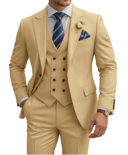 TIJOFA Men's Suits Slim Fit 3 Piece Champagne Double Breasted Suit for Men Wedding Classic Fit Formal Business Prom Party Tuxedo One Button Blazer Vest Pants Son Husband Father XXL
