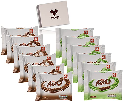 Aero Bubbly Milk 4CT 108g - Aero Peppermint Mint 4CT 108g - 12 FULL SIZE Chocolate bars of British Premium Chocolate from the UK in British Box and a Verbasa Candy.