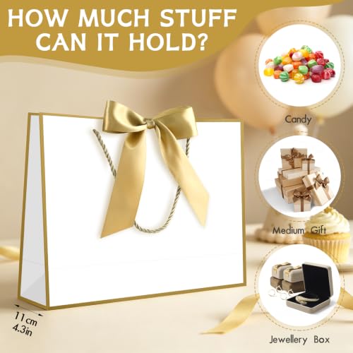 Image of JMANNI Gift Bags with Handles, 13 inch Medium Gift Bag for Presents, 8 Pcs Bags with 16 Tissue Paper and 8 Cards for Baby Shower Wedding Bridal Shower Mother's Day Birthday Party(white-gold)