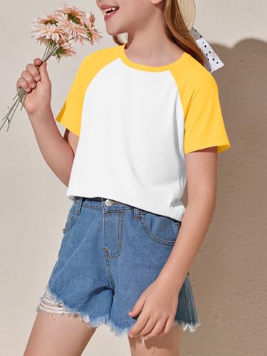 Image of Imily Bela Kids Girls T Shirts Casual Raglan Short Sleeve Crewneck Color Block Summer Tees 5-14 Years