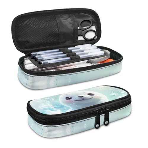 Image of Seal Pencil Cases for School Cute Basic Pen Box Light Blue Stationery Pouch Bag for Girls Lightweight Pencil Pouch with Slots and Mesh Pocket