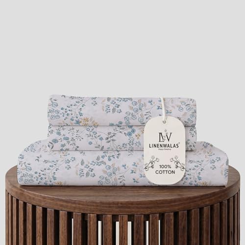 Image of LINENWALAS 100% Cotton Flat Bed Sheet for Double Size Bed | Super Soft, Breathable, Oeko-TEX Certified 300 TC | Premium Hotel Class Floral Bedsheet with 2 Pillow Cover (90x100 Inches, Skylet Breeze)