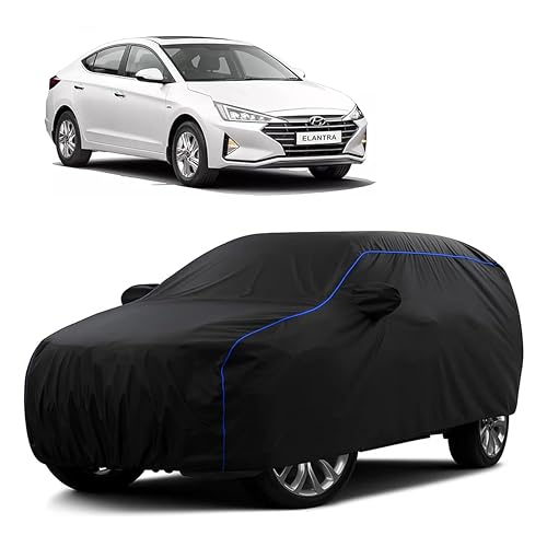 Image of Sulfar 100% Water Resistant Car Body Cover Compatible with Mirror for Hyundai Elantra (Triple Stitched, Full Bottom Elastic, Black Tafetta with Blue Piping)