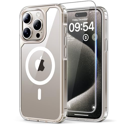 TAURI Magnetic for iPhone 15 Pro Max Case with HD Screen Protector [Compatible with MagSafe] Military-Grade Protection Not-Yellowing Shockproof Phone Cover for 15 Pro Max Clear