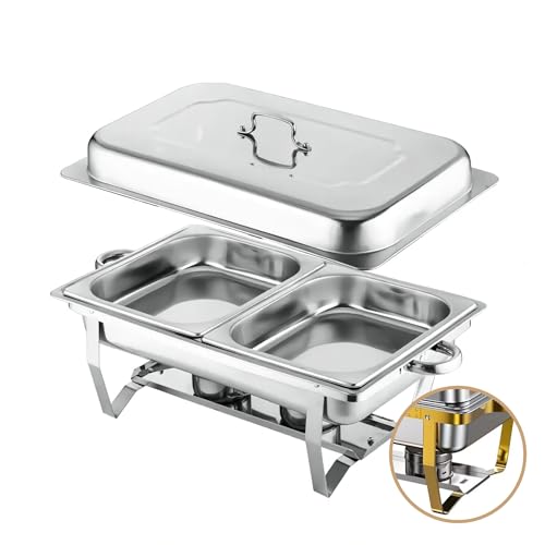 fancyfly折りたたみ式ステンレスホテルビュッフェストーブアルコール加熱保温金色長方形蓋付きブッフェストーブホットポットセット ステンレススチール製 長方形 フルトレイ フードウォーマープレート付き ケータリングやパーティーに最適 折りたたみ式フットス