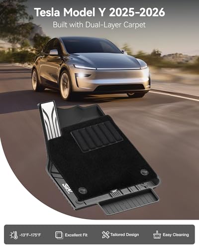 Image of 3W 9PCS Floor Mats for Tesla Model Y Juniper 2025 2026 (Not for Standard) | Metal Pedal, Carpets Double Layer, 2025 2026 Model Y Accessories, TPE All Weather Waterproof Custom Fit Liners, Vigormold
