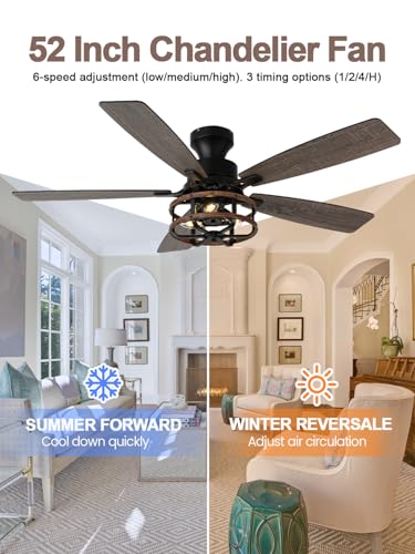 Image of 52 inch Farmhouse Rustic Flush Mount Caged Ceiling Fan with Light