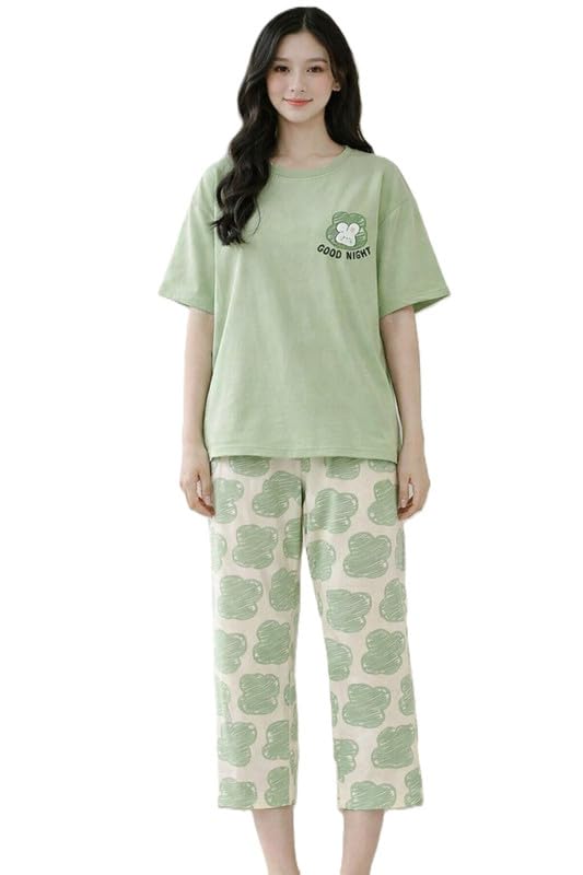 Women Oversized Lounge Set Soft Cotton Feel Relaxed Round Neck T Shirt with Matching Capri Pyjama Night Suit-image-37