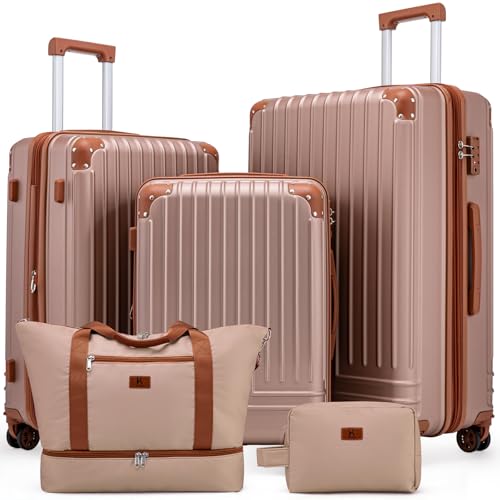 KUNEL Expandable 5 Piece Luggage Sets with Detachable Spinner Wheels and TSA Lock Unisex Hardside ABS Suitcase Set Hardshell Lightweight Waterproof Travel Hard Case Suitcases with Wheels RoseGold