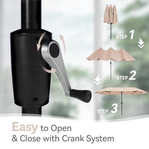 GREEN PARTY 13ft Outdoor Patio Umbrella, Rectangle Table Umbrella with Crank, Large Market Umbrella for Pool Garden Backyard Deck, Beige