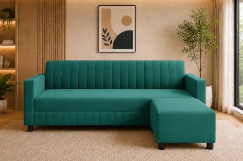 Image of Deco Studio 3 Seater Wooden Sofa with Ottoman | Modern Sofa Set for Living Room | Stylish Home Furniture Sofa with Comfortable Seating-Green