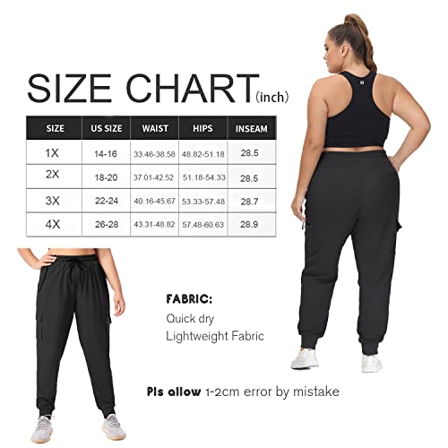 Sekino Women's Plus Size Cargo Joggers Lightweight Quick Dry Hiking Pants Athletic Workout Outdoor Zipper Pockets Pants Black 1X #TOP4