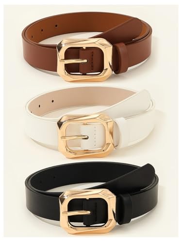 OYOANGLE Women's 3 Pack PU Leather Belts Fashion Wide Belt with Square Gold Buckle2