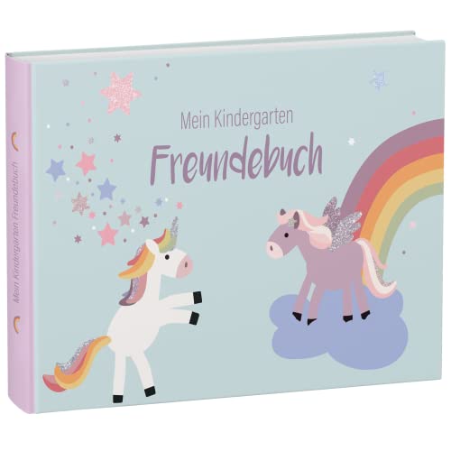 mintkind® Livre d'amis « Mes amis » pour filles et garçons - Livre d'amitié pour les amis de la maternelle | Livre à remplir avec paillettes dans le poney, licorne et pegasus (turquoise) Cover