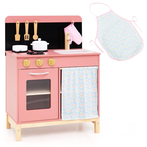 Costzon Kids Kitchen Playset, Wooden Kitchen Playset w/Door Curtain, Stoves, Sink, Faucet & Oven, Chef Pretend Play Set w/Cookware Accessories, Play Kitchen for Kids 3+ Years Old - Image 8