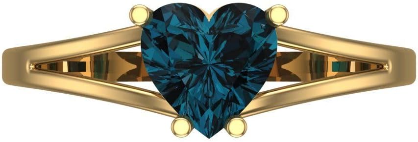 Clara Pucci 14K Solid Gold Ring for Women - 1 cttw Heart Cut Natural London Blue Topaz Yellow Gold Solitaire Anniversary Bridal Ring