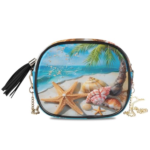 ALAZA Women's Funny Starfish Summer Beach Seashells Sand Palm PU Leather Crossbody Bag Shoulder Purse with Tassel