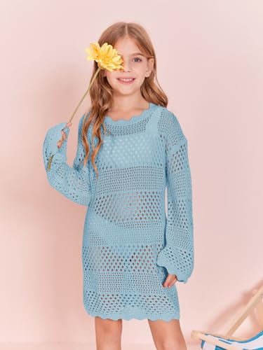 Image of Batermoon Girls Crochet Long Sleeve Swimsuit Cover Up Kids Fashion Hollow Out Swimwear Beach Dress 5-14 Years