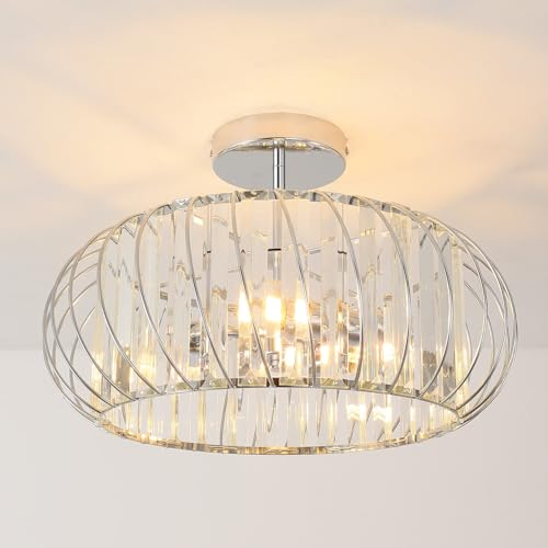 ANWIO Lustre Cristal Moderne Argent, E14 Plafonnier Led Salon, Luminaires Intérieur Ø400mm, Lustre Chambre, Cuisine, Salle à Manger