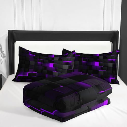 Image of Nttopship Neon Purple Black Comforter Set Full Geometric Kids Bedding Set,3 PCS Geometry Honeycomb Bed Set Modern Quilt Set 1 Comforter 2 Pillow Cases Cool Room Decor All Season B-Side Black
