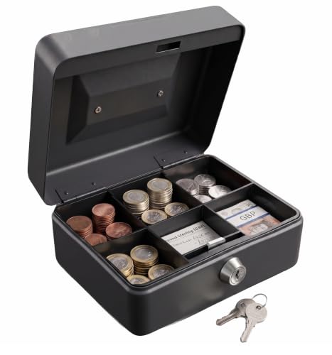 Requisite Needs Metal Money Box Tin 6 Steel Cash Safe Box Petty Cash Deposit Tin with Lock 2 Keys for Security (BLACK)