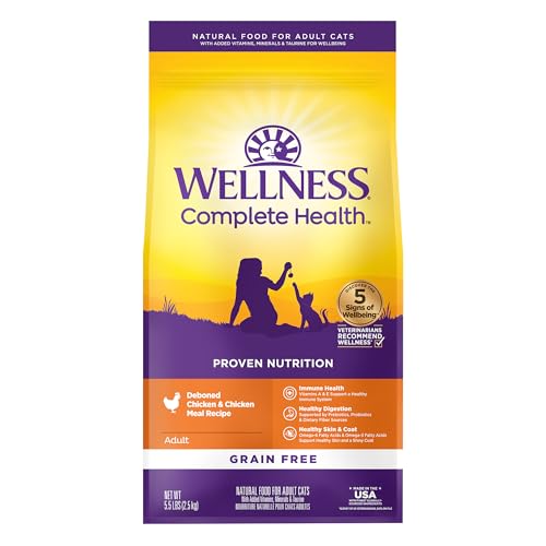 Wellness Complete Health Adult Dry Cat Food for Indoor and Outdoor Cats, Grain Free, Natural, Chicken & Chicken Meal (5.5 Pound Bag)