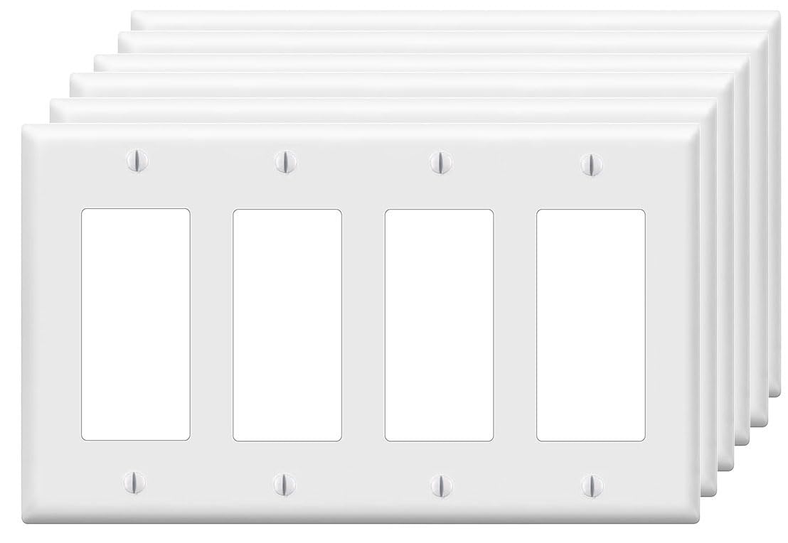 Decorator Wall Plates 4-Gang Switch Outlet Electrical Cover Plate Unbreakable Thermoplastic Faceplate for Light Receptacle Outlet Switch, White (6 Pack)