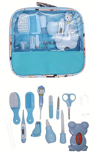 Set para Cuidado del Bebé,10 pcs Kit de Recien Nacido Bebé Cuidado Diario Salud Higiene Con Termómetro, Cepillo de Dientes,Tijeritas,Peine,Cortaúñas Etc,Regalos para Bebes (Azul 13pcs)