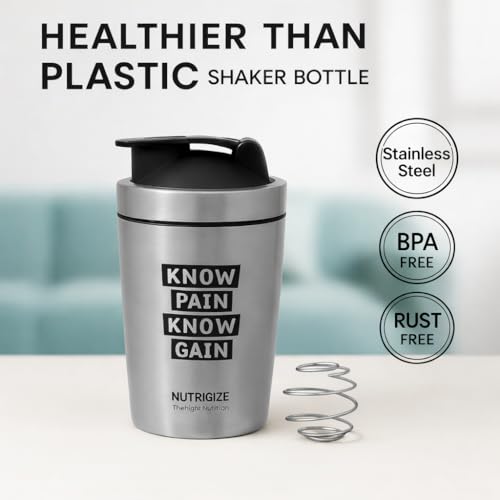 Image of Stainless Steel Shaker Bottle, 590ml (Grey) | Includes Steel Ball for Smooth, Lump-Free Shakes, Perfect for Protein, Supplements, and Beverages