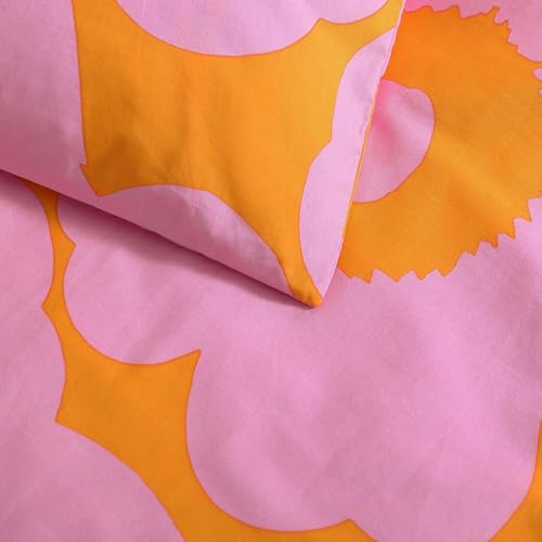 Image of MARIMEKKO - Queen Duvet Cover Set, Soft Cotton Bedding for Year Round Comfort, 3 Piece Floral Bed Set with Matching Pillowcases (Unikko Pink /Orange)