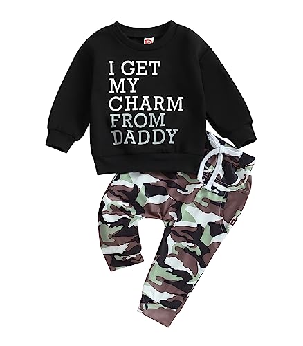 Image of Baby Toddler Boys Fall Winter Outfits Little Dude Letter Printed Long Sleeve Sweatshirts Pants 2Pcs Clothes Set (Get Charm from Daddy, 0-6 Months)