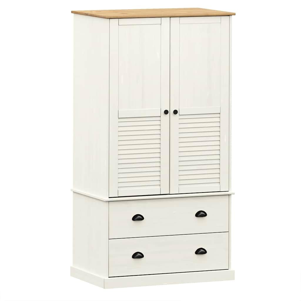 Hothingwell Guardaroba Vigo bianco 90x55x170 cm in legno massello di pino, armadio guardaroba con binario interno e 2 cassetti, mobile camera da letto con maniglie in metallo, grande spazio
