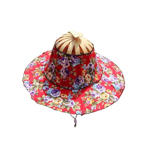 AMateschitz Chapeau à éventail en bambou - Protection solaire - Pliable - Avec large bord - Polyvalent - Anti-UV - Pour voyage, pêche, plein air, Fleur Rouge, taille unique