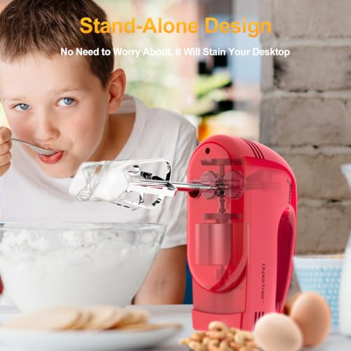 Image of LILPARTNER Hand Mixer Electric, Ultra Power Kitchen Hand Mixer With 7-Speed & 5 Stainless Steel Accessories for Whipping Dough, Cream, Cake, Dishwasher Safe, Light Red